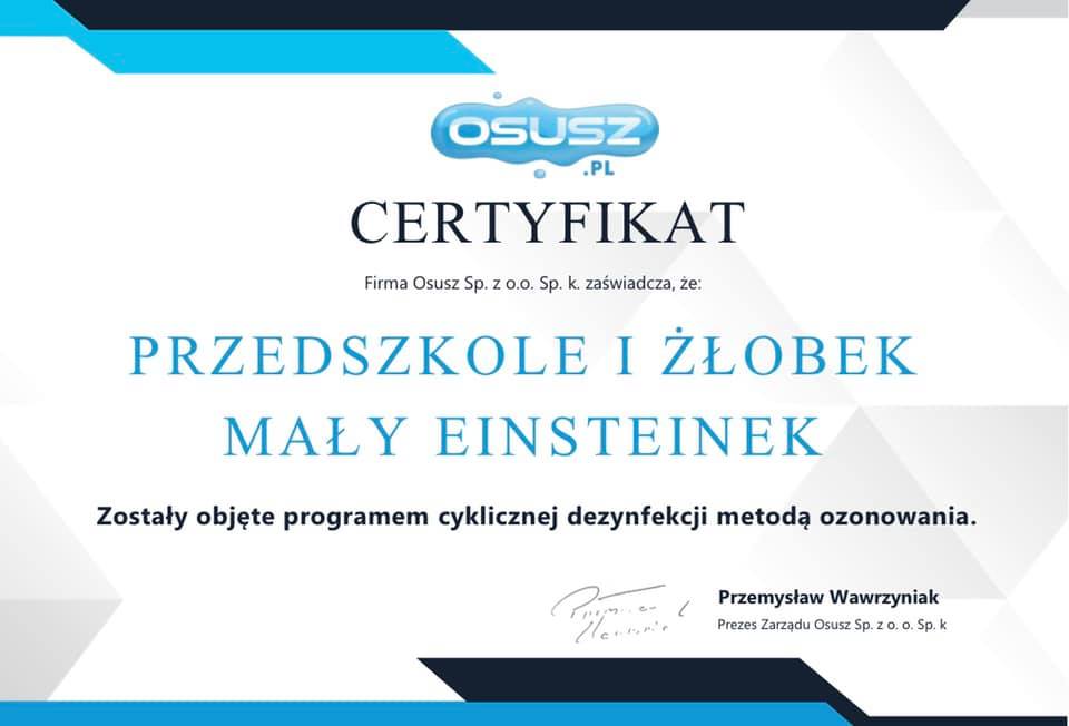 Certyfikat dla przedszkola - ozonowanie
